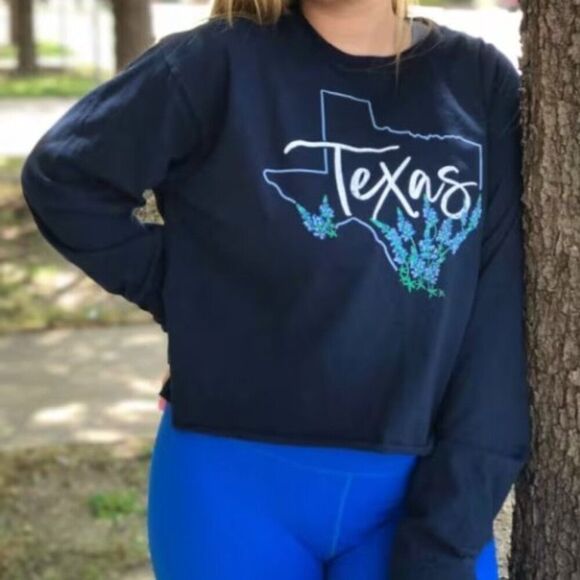 Women's Large Long Sleeve Crop Top - Texas Bluebonnets - Picture 2 of 8